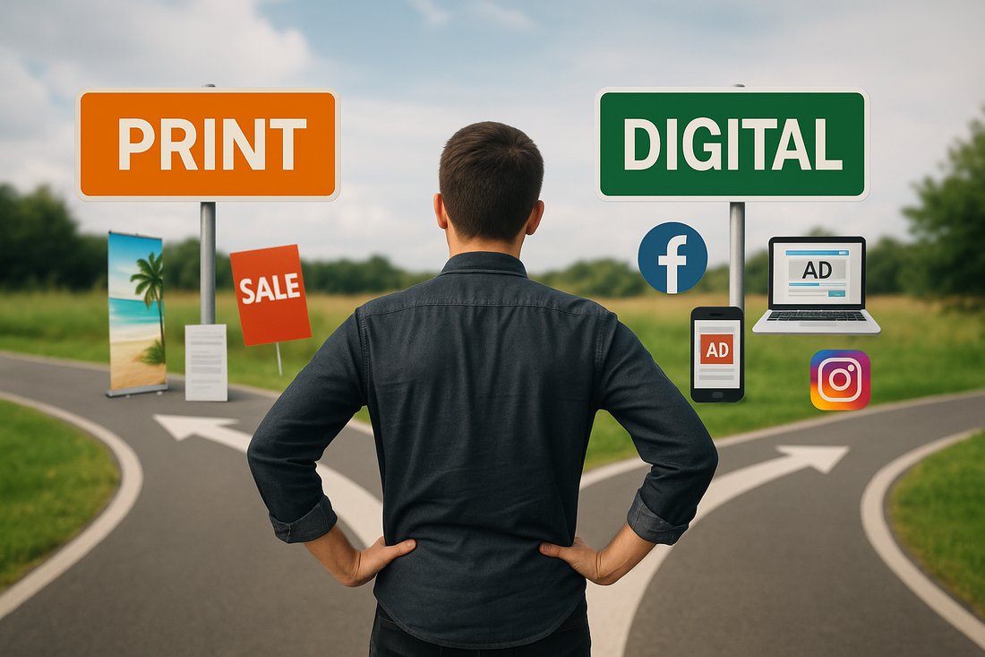 Young professional at crossroads deciding between print advertising (flyers, banners, foam boards) and digital marketing (social media, online ads)