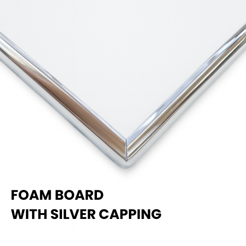 Foam board with silver capping on a white background