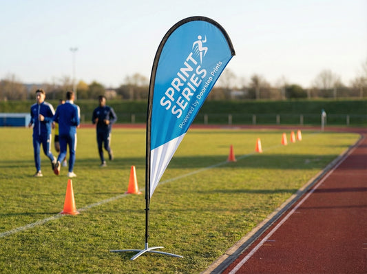 Teardrop Flag on a track with athletes in the background