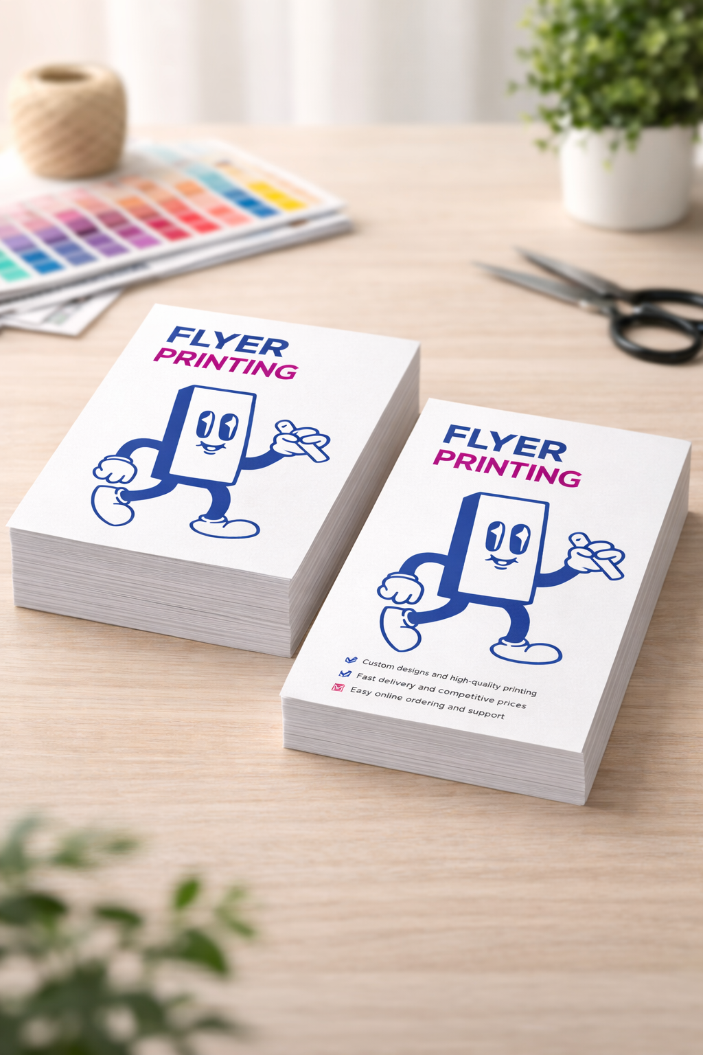 Stacks of A5 flyer printing on a desk with stationery items.